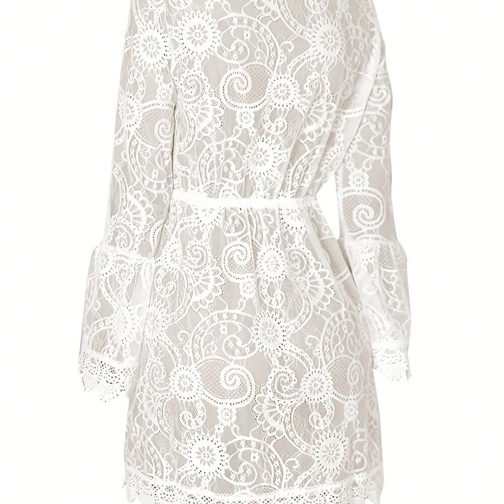 White Boho Women's Solid Color Lace Panel Deep V Neck Dress - Picture 3 of 5